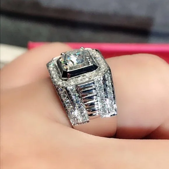 🎁 Fever Square Glitter Zircon Silver Chunky Wedding Rings for Man, PD663